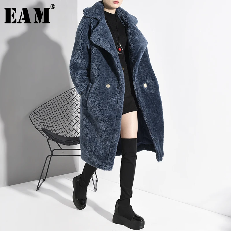 

[EAM] Women Blue Split Lone Big Size Thick Trench New Lapel Long Sleeve Loose Fit Windbreaker Fashion Tide Spring 2020 1D50105