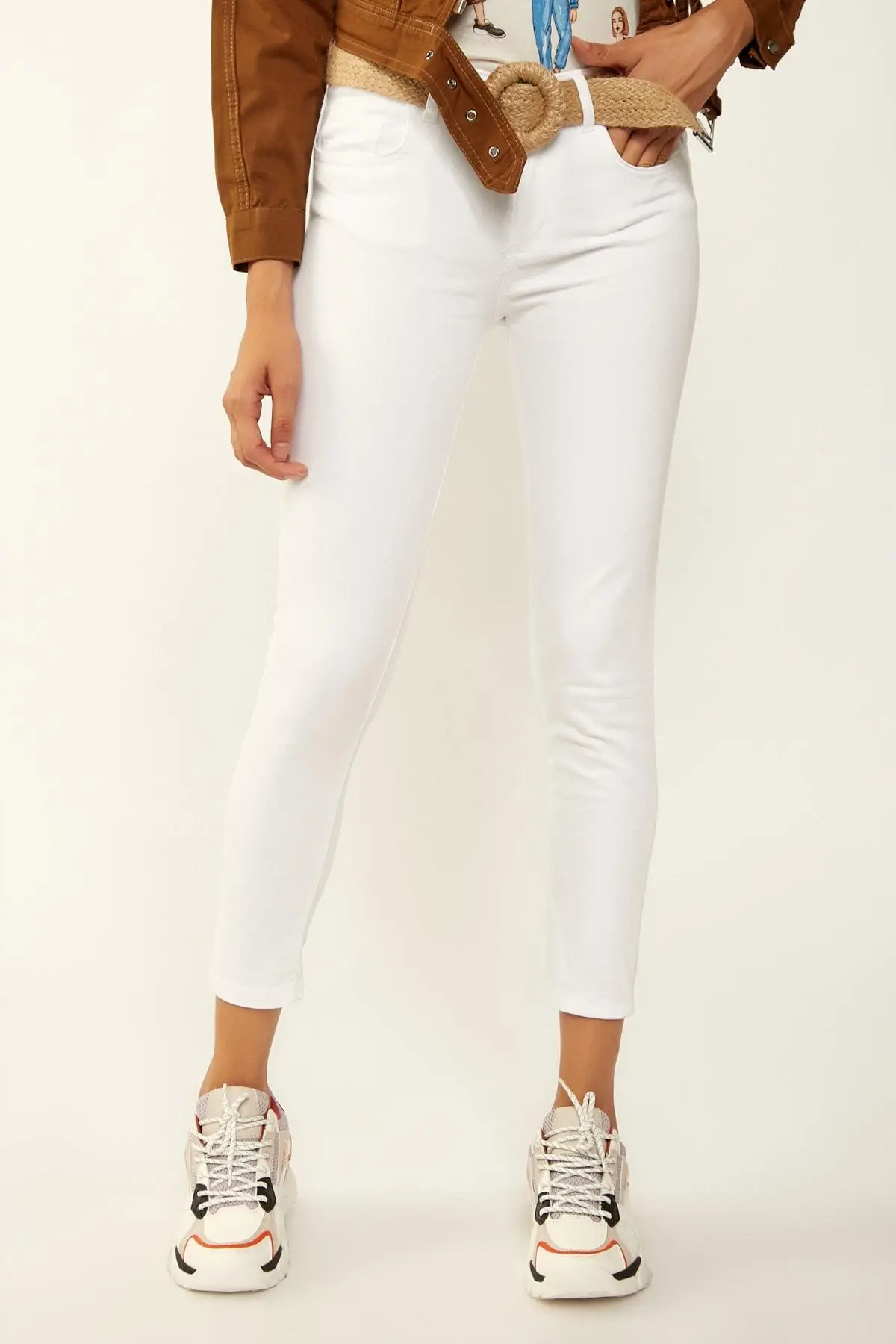 

Happiness ist. Women White Skinny Mesh Kemerli Jeans Pants 6454 DD00183