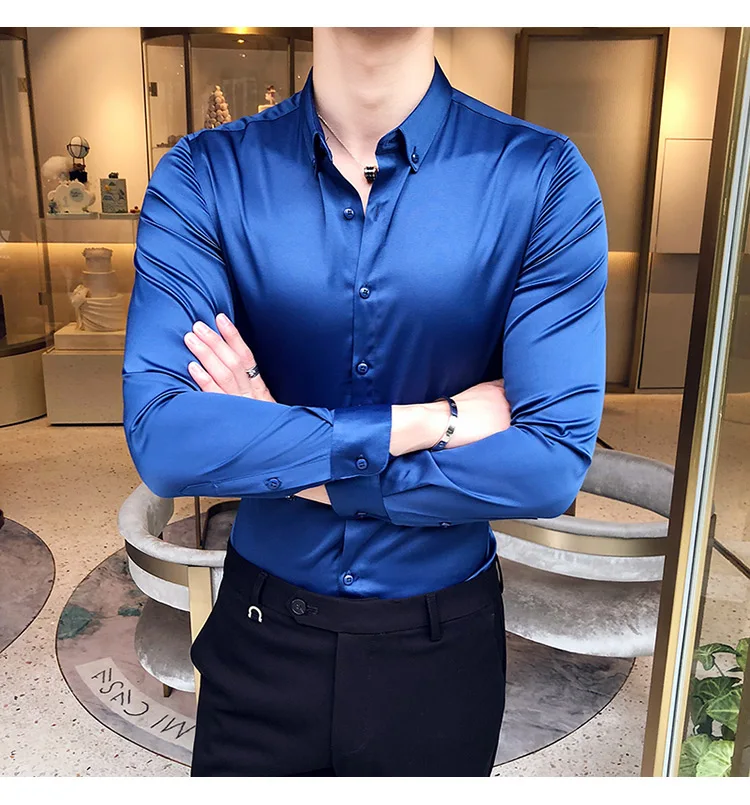 High grade white dress shirt men winter long sleeve black casual shirt slim fit male business office work solid color thick warm