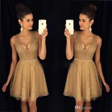 Цвет шампанского платья для выпускного вечера А-силуэт v-образный вырез короткий Мини Тюль с бусами элегантные коктейльные платья