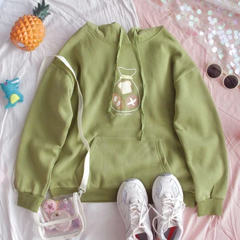

Japanese Women Cute Print Plus velvet Hoodie Sweatshirt Young girl Loose Student Harajuku Green Soft Sister Hooded Pullover Tops