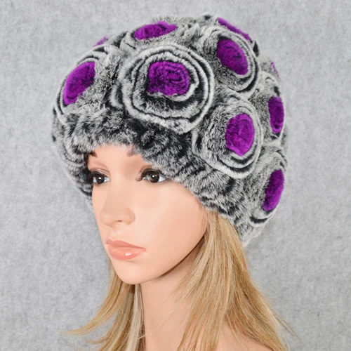 gray and purple Зимняя шапка из меха кролика Рекс женская вязаная натуральный мех кролика рекс цветы шапочки шапки Теплый мягкий Настоящий мех кролика шапки - Цвет: gray and purple