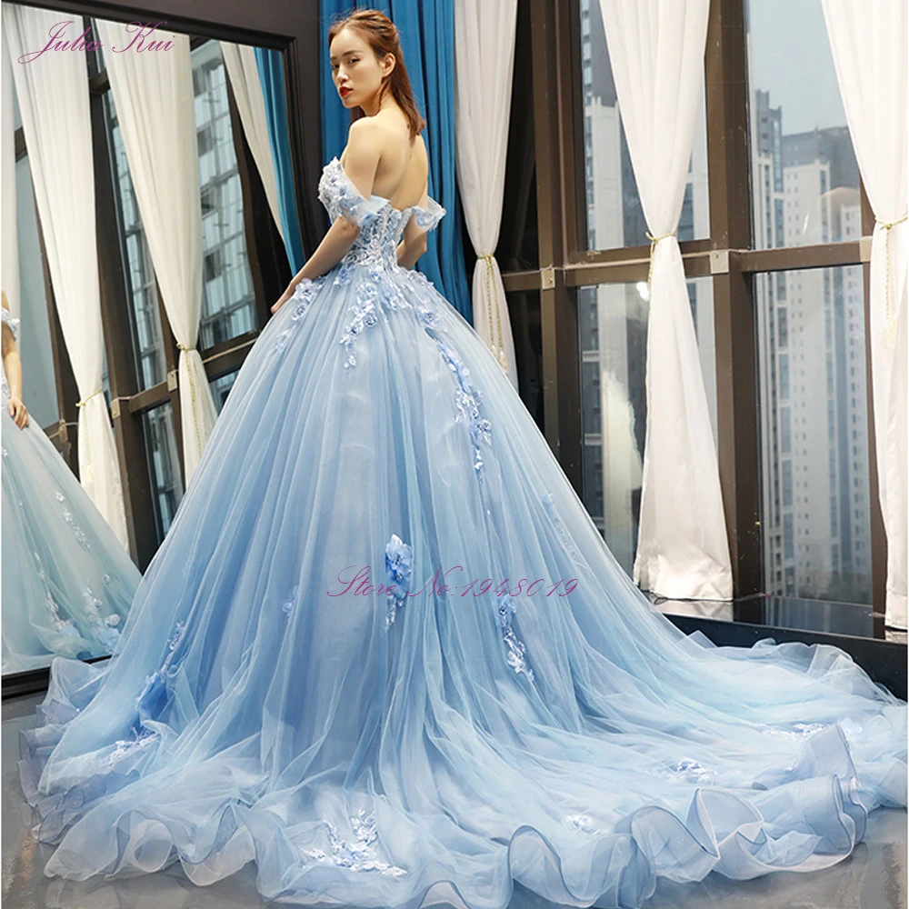 Julia Kui великолепное бальное платье свадебное платье небесно-голубого цвета с Элегантные аппликации 3D Цветы свадебное платье с открытыми плечами