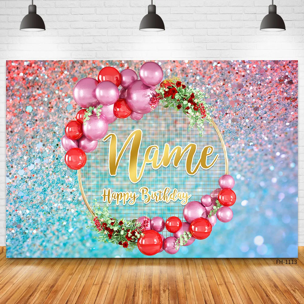 Name Balloons Gold Glitters Birthday Party Banner Backgrounds Boy Girl Baby Shower Photography Backdrop Photo Studio Prop photo backdrop