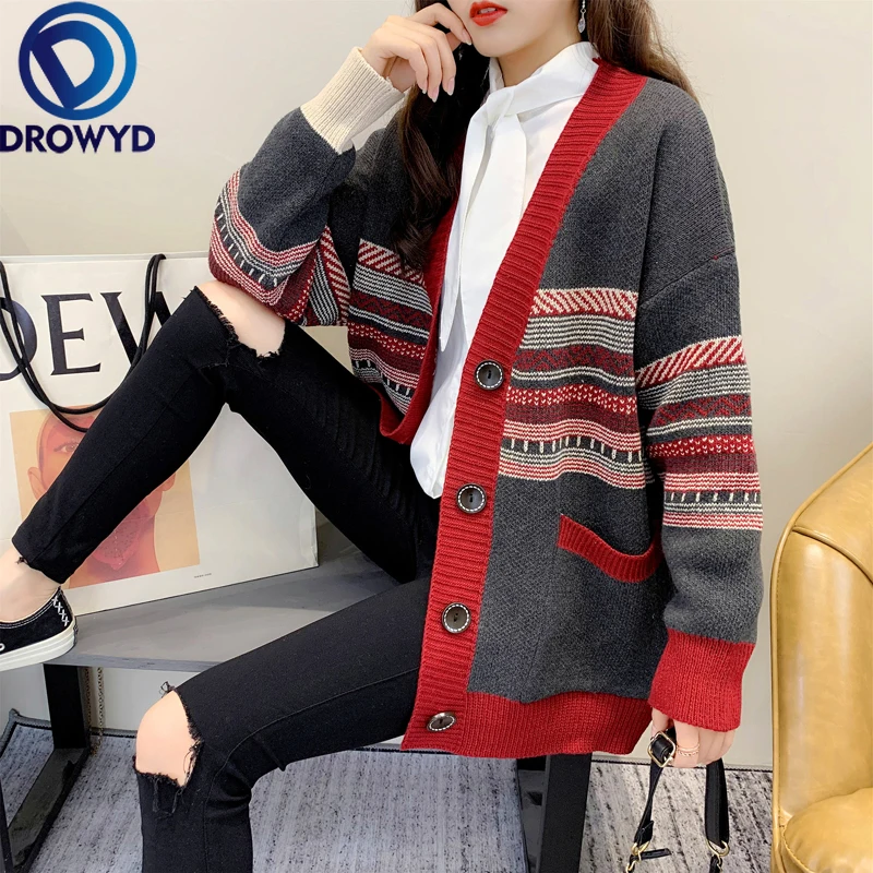 Red Cardigan Sweater Korean 2020 Autumn Soft Cashmere Loose Single-breasted Knitted V-Neck Winter Streetwear Chic Gray |