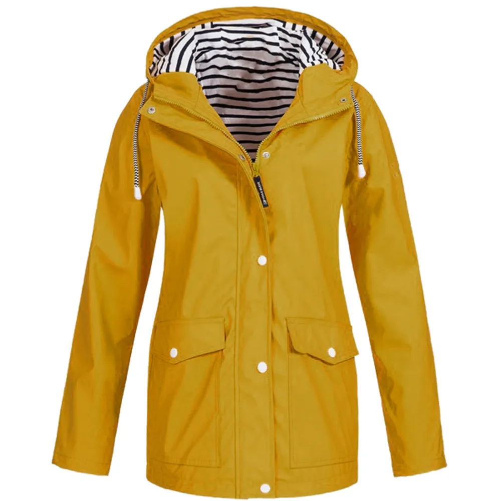 Однотонная непромокаемая куртка размера плюс, Женское пальто, водонепроницаемый плащ с капюшоном, женская верхняя одежда, ветрозащитная, с карманами, на завязках, облегающие пальто