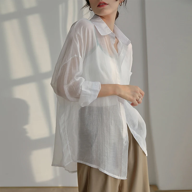 QOERLIN Summer One Pocket White See Through Tops Shirts Women Full Sleeve Large Size Blouse Fashion Sexy Shirts Outerwear Tops