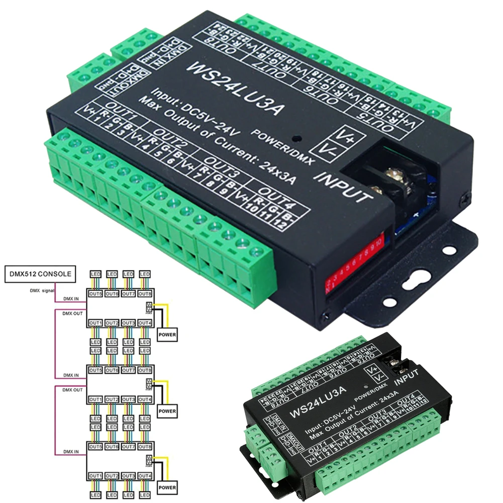 Высокая мощность 24 канала RGB 3 A/CH Dmx512 контроллер светодиодный декодер диммер 500 Гц мигающий сглаживание жидкость затемнения индикатор светильник