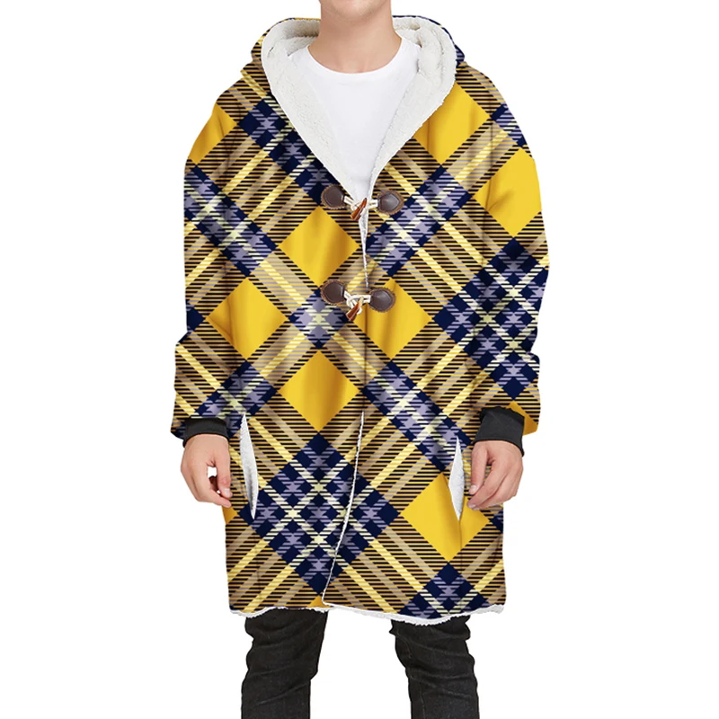 YOUTHUP New Winter Mens Long Velvet Hoodies 3D Different Plaid Printing Hooded Pullovers Thick Hoodies Streetwear