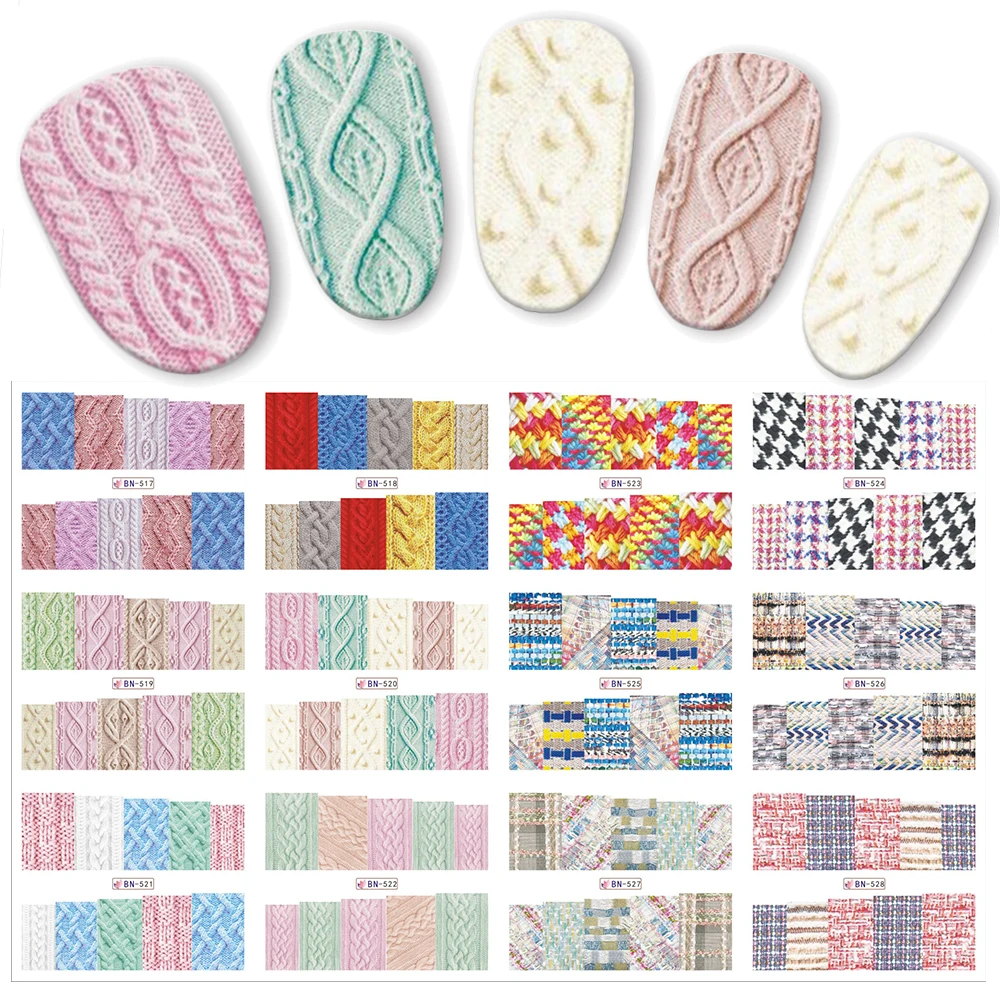 

12pcs/set Beauty Sweater Cloth Pattern Sticker Water Transfer Nail Art Stickers Nails Decals Colorful Labels BN517-528