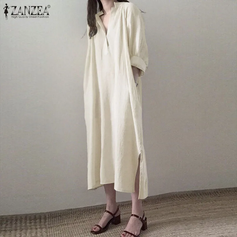 ZANZEA, женское Элегантное Длинное Платье-рубашка с v-образным вырезом, осень 3/4, рукав, хлопок, лен, сарафан, женский, с разрезом, кафтан, платье для работы