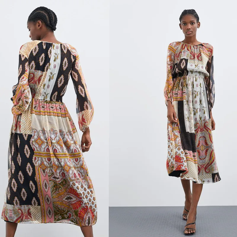 

2019 Popular Skirt Spring And Autumn New Style Long Sleeve Printed Elastic Waist Hugging Mid-length Chiffon Dress Women's Dress