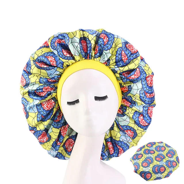 New Women Big Size Beauty print Satin Silky Bonnet Sleep Night Cap Head Cover Bonnet Hat for For Curly Springy Hair Black 408C Yellow red