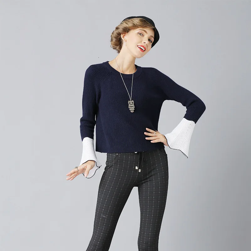 

Women Knitting Pullovers Flare Sleeves O Neck Ladies Short Sweaters Contrast Color Autumn Winter Casual Jumpers 2020 Pull Femme
