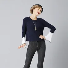 Women Knitting Pullovers Flare Sleeves O Neck Ladies Short Sweaters Contrast Color Autumn Winter Casual Jumpers 2020 Pull Femme