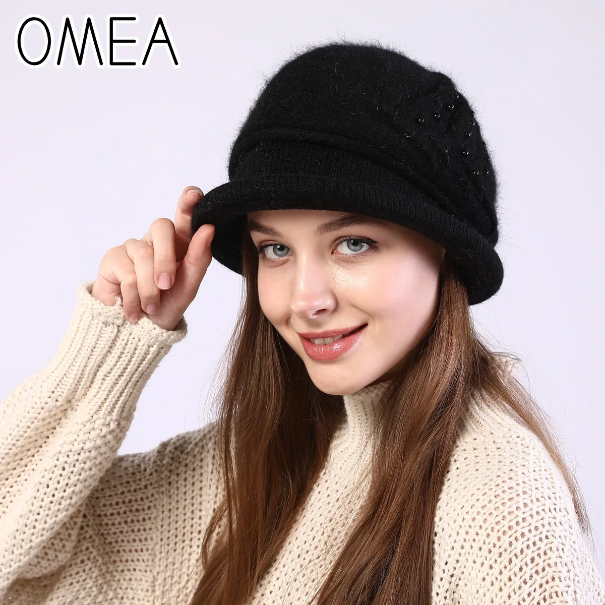 OMEA 2019 зимняя фетровая шляпа женская панама из ангоры с манжетами кроличьего меха