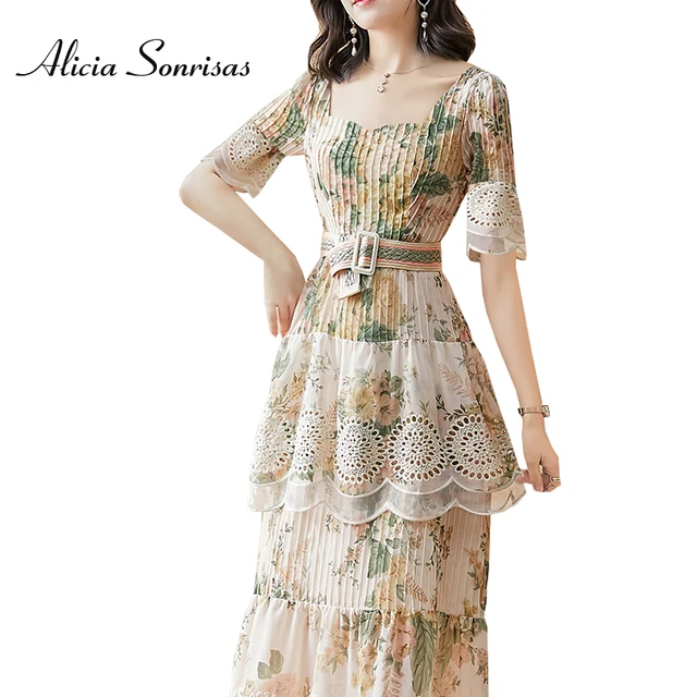 French Floral Dress Spring Dress 2021 New Chiffon High-End Socialite Gentle Slim Adult Lady ol Dresses With Belt 1