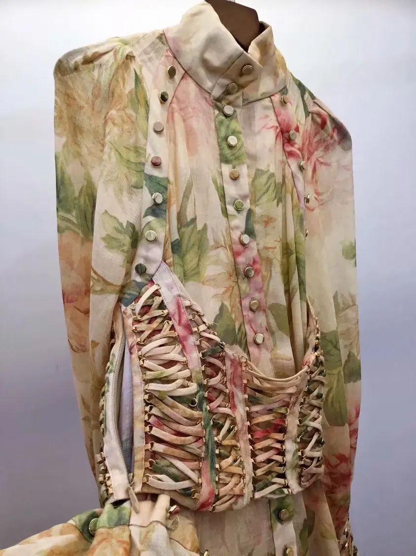 10,8 высокое качество Мандарин воротник фонарь рукав принт оборки асимметричное официальное платье Талия уплотнение дизайн платье для женщин