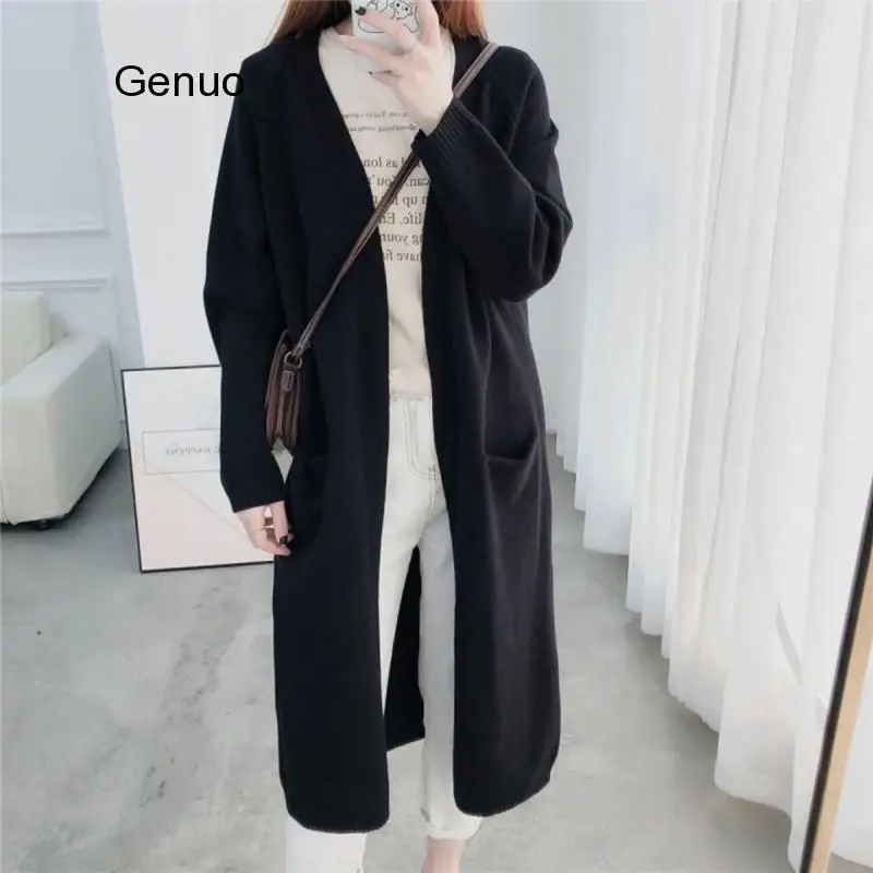 

Elegant Long Knitting Cardigan Woman Long-Sleeve Black Solid Long Open Sweater Female Autumn Winter Knitted Cardigan