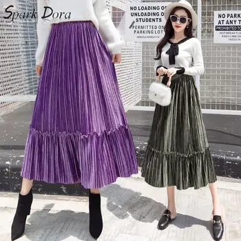 

SparkDora Winter Women Solid Pleated Skirt For Female Velvet Black Gray Purple High Waist Ladies Long Ankle-Length Midi Skirt