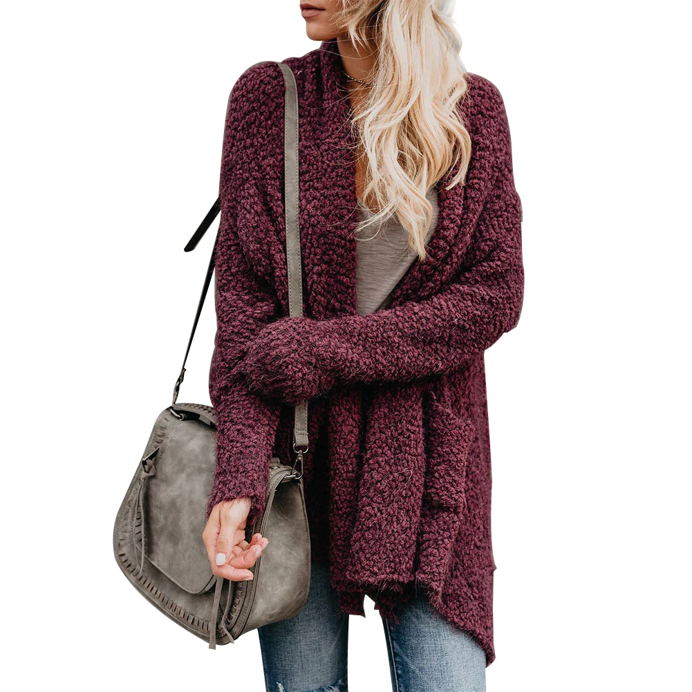 Red Женский кардиган, свободный, Открытый спереди, вязаный, полиэстер, неровный подол, вырез лодочкой, Повседневный, однотонный, пушистый, мягкий, длинный рукав, карман, Осень-зима - Цвет: Red