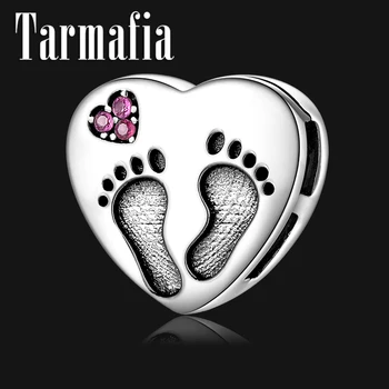 

New 925 Sterling Silver Footprint of love Pink CZ Heart Charm Clip fit Original Reflections Bracelets Clip Beads Jewelry Making