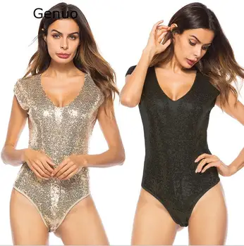 

Genuo 2020 Fashion Women Overalls Summer Sequin Romper Plus Size Deep V-neck Sexy Bodysuit One Piece Womens Body Suits Chic