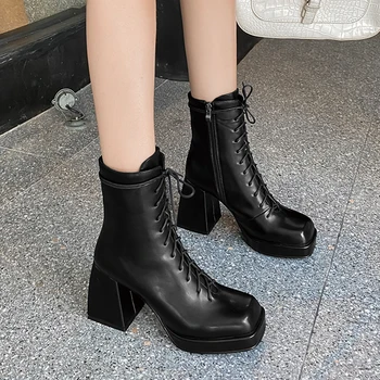 

New Brand Autumn Women Ankle Boots Sexy Square High Heels Platform Shoes Woman Zipper Dress Party Riding Boots Big Size 34-43