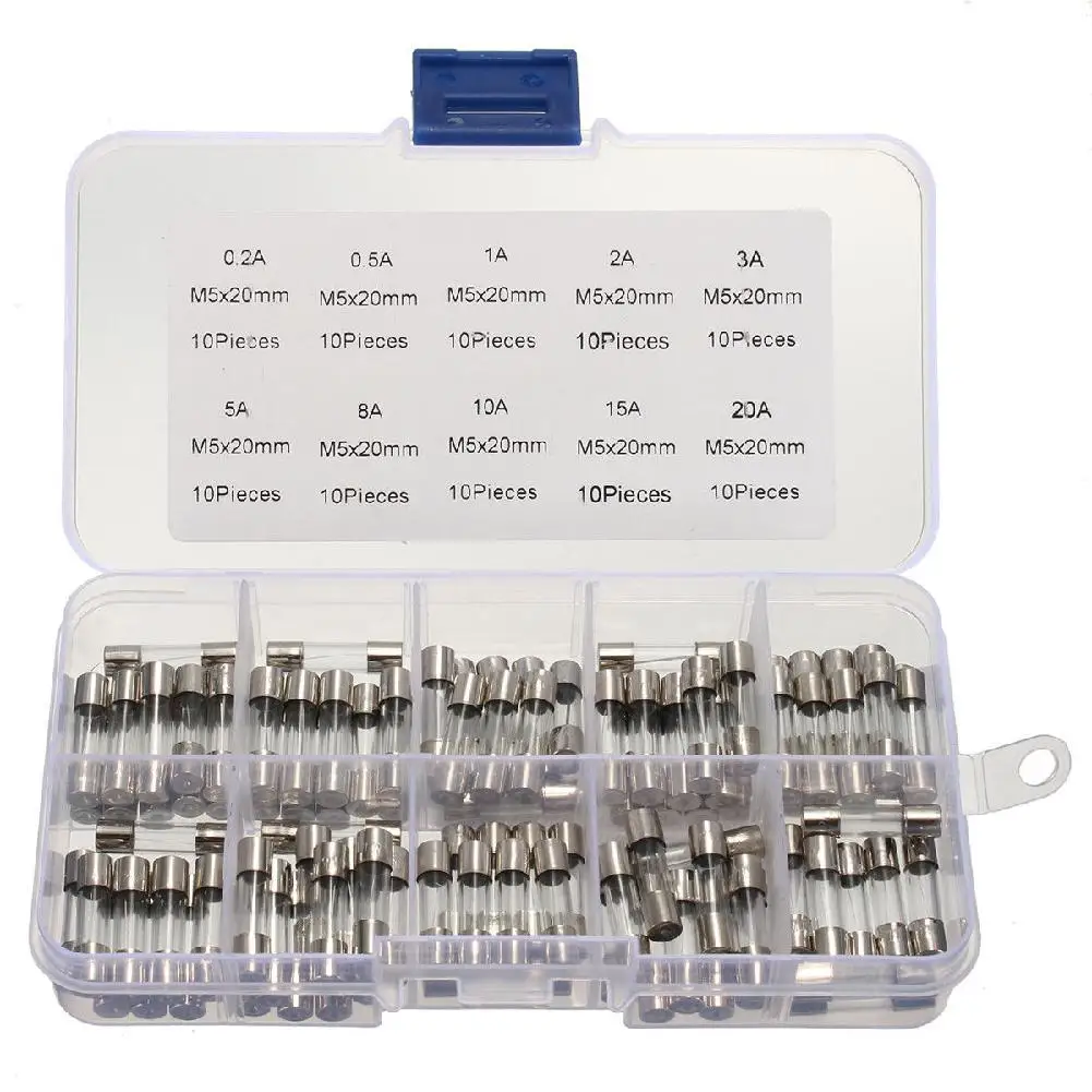 

Promotion! 100Pcs Set 5x20mm Quick Blow Glass Tube Fuse Assorted Kits Fast-blow Glass Fuses 0.2A-20A