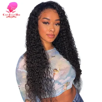 

QUEEN BEAUTY Brazilian Kinky Curly Wig Remy Lace Front Human Hair Wigs 13x6 Preplucked and Bleached Knots Lace Wig Free Shipping