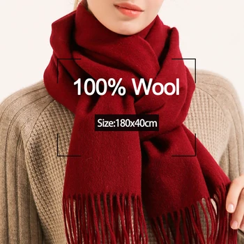 

100% Pure Wool Scarf Women Winter Solid Dark Red Wool Shawls and Wraps for Ladies Pashmina Tassel Cashmere Scarves Foulard Femme