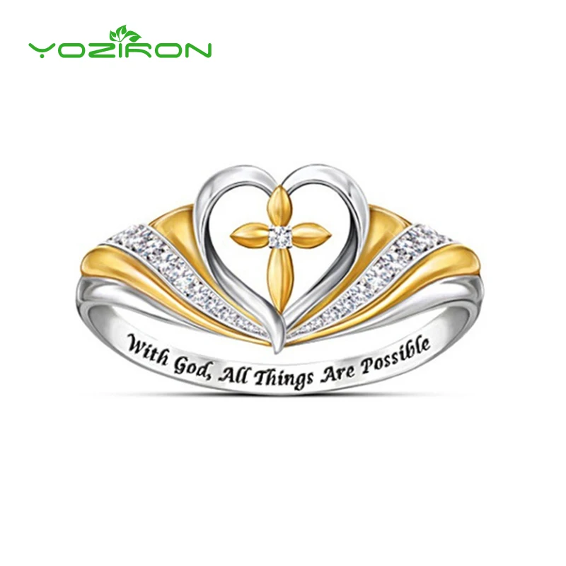 

Hot Selling New Design Cross Heart-shaped Micro-inlaid Ring For Women Lady With God Double Colors Religion Ring Jewelry Gift