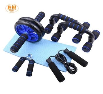 

5items Home Gym Fitness Set Abdominal Roller Wheel Pack Kit Band Jump Rope Resistance Band Push Hand Bar Heavy Grip with Cushion