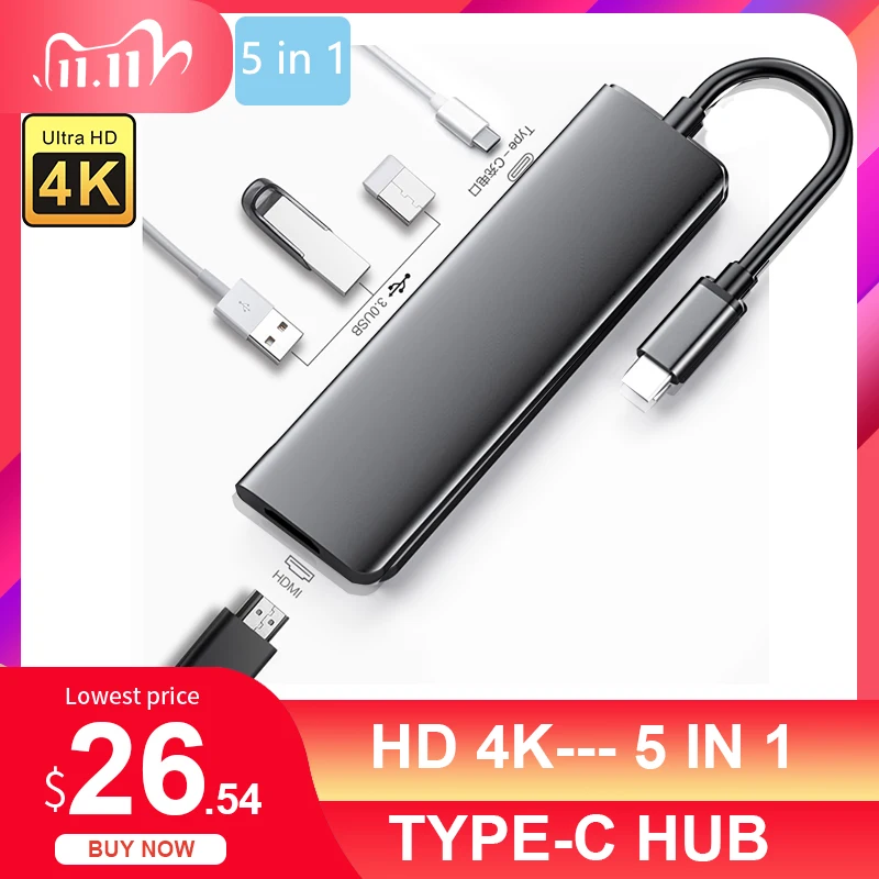 

USB-C Type-C 4 Ports Hub Type-C To HDMI 4K Adapter USB-C 3.0 Typec Slot PD for MacBook Pro/Air 2020 OTG