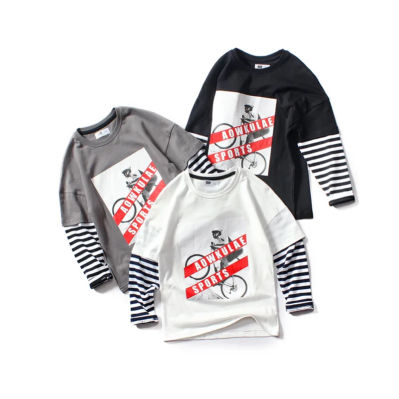 

2019 Autumn Korean-style Big Boy Cartoon Knit Long-sleeved Round-neck T-shirt Children Pure Cotton Mock Two-Piece Base Shirt