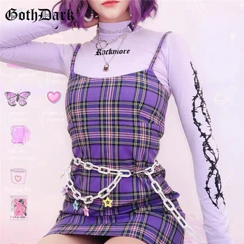 

Goth Dark Purple Sexy Plaid Mini Dress Summer 2020 Backless Patchwork Off Shoulder Party Women Dress Bodycon Vestido Vintage Emo
