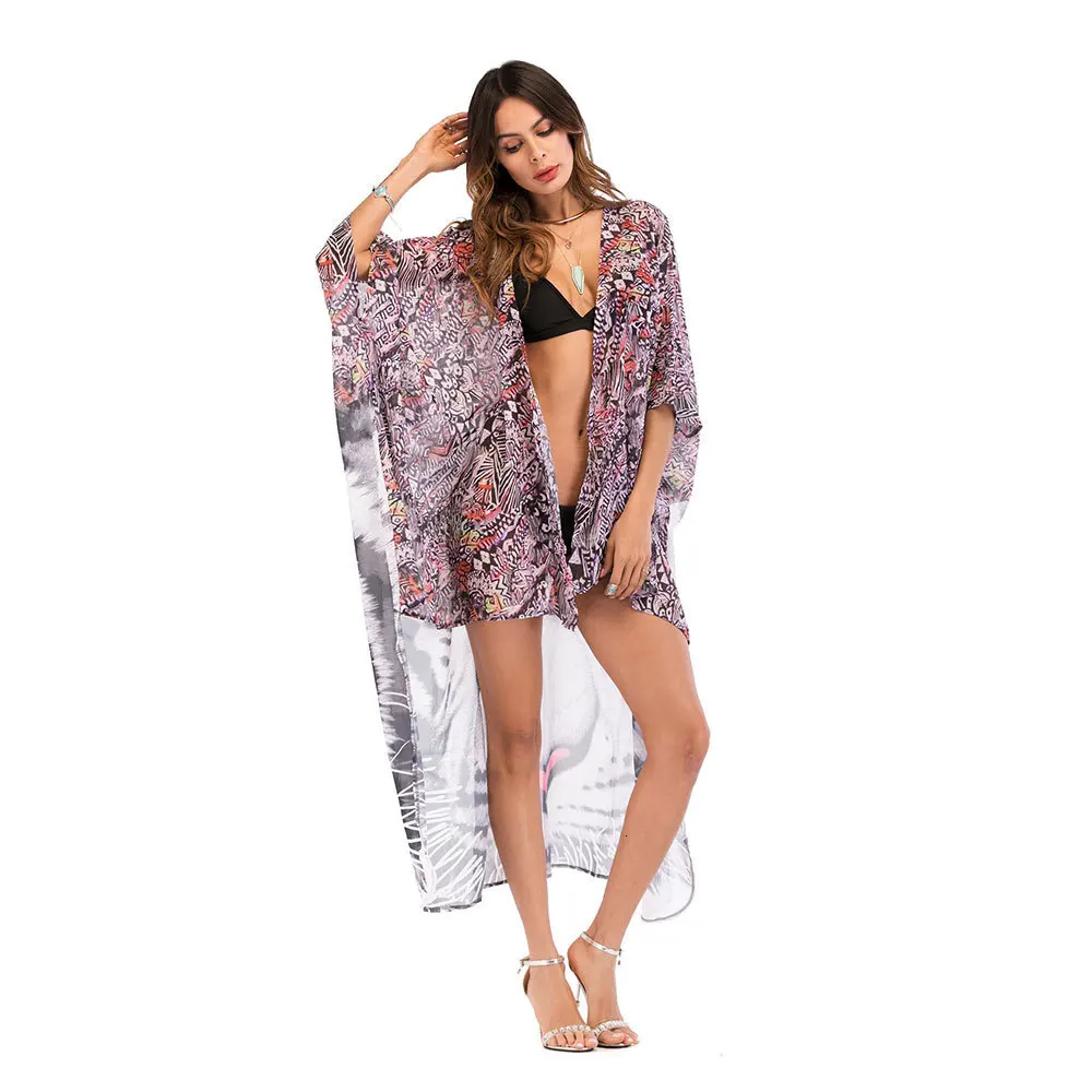 

Gedrukt Chiffon Bikini Cover Up Fashion Sexy Vrouwen Swimwear Beach wear Open Vest Badpak Cover Ups Tuniek Wrap Sjaal Pareo