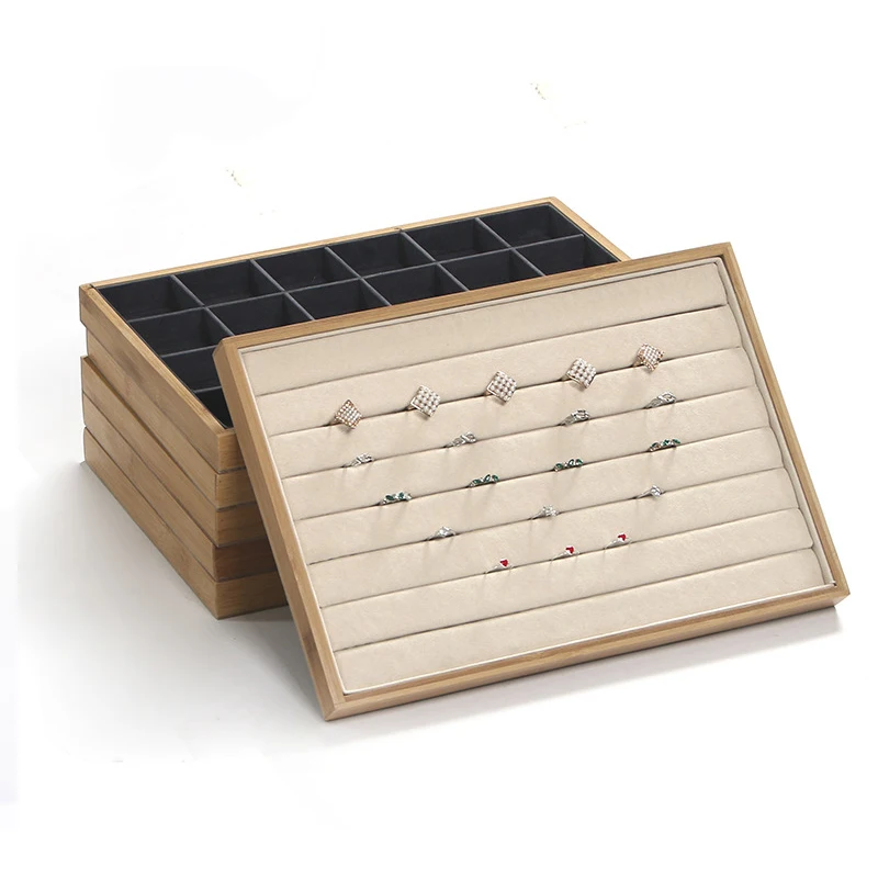 

Bamboo Velvet Jewelry Display Tray Ring Earring Necklace Bracelet Pendant Display Organizer Jewelry Storage Box