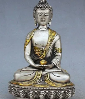 

321 Tibet Buddhism Silver Gilt Lotus Seat Sakyamuni Shakyamuni Buddha Bowl Statue