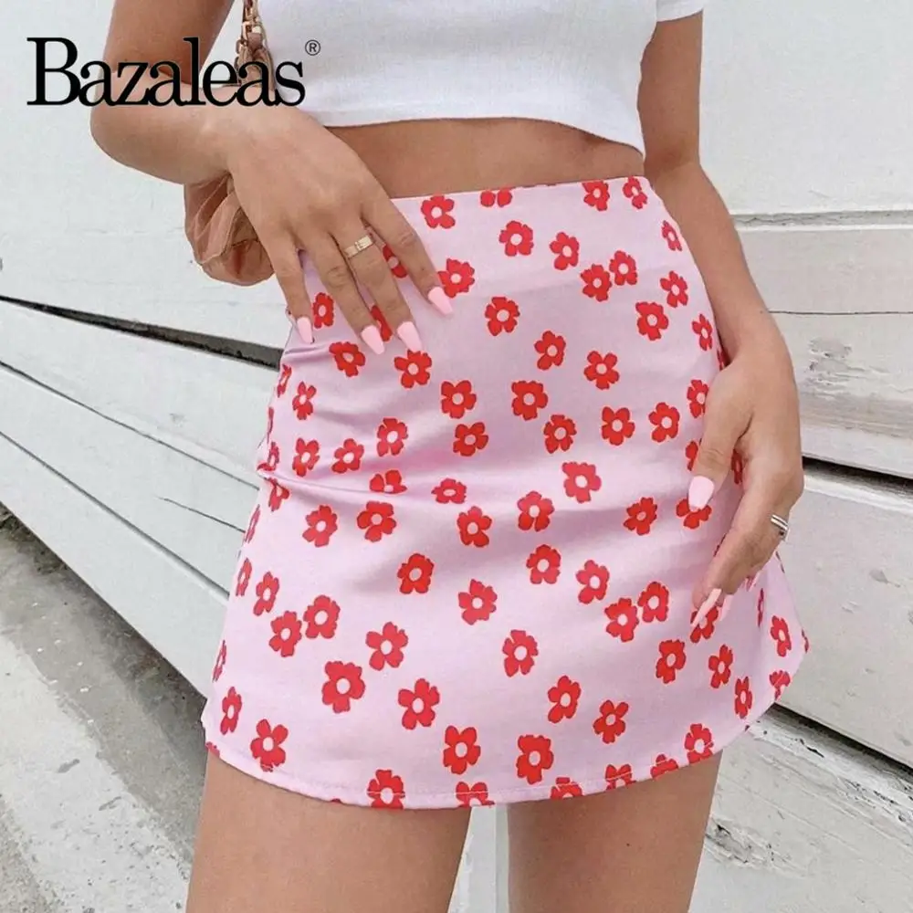 Винтажная женская розовая юбка Bazaleas с цветочным принтом милая трапециевидная