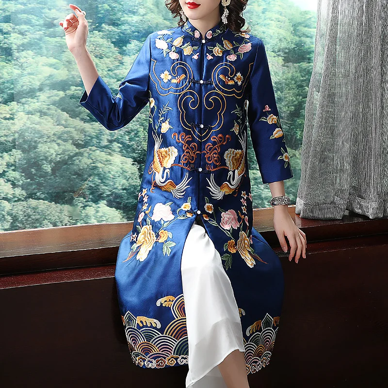 Длинное платье китайский стиль воротник Мандарин tangsuit Ретро хлопок вышитые женский традиционный костюм ханфу Национальный халат костюм - Цвет: color1