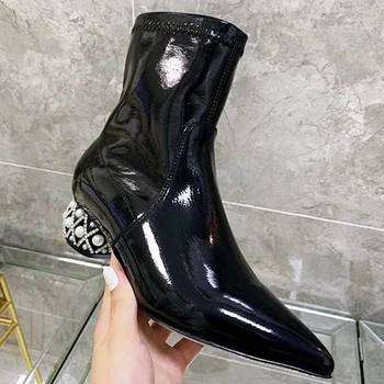 

Ankle Boots Women Shoes 2020 Slip On Winter Short Botas Mujer Pointed Toe Crystal Chelsea Booties Suede Leather Chaussures Femme