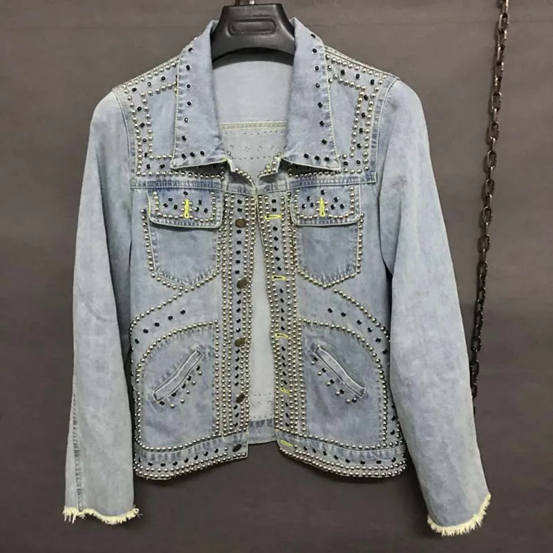 KIOVNO Men Punk Rivet Denim Jackets With Rhinestone Fashion Style Jeans Jackets Outwear Male Multi Pockets Size S-4XL (16)