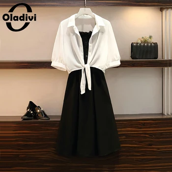 

Oladivi Plus Size Women 2 Piece Set Camisole Dress +White Shirts Fashion Ladies Casual Top Cape Black Sundress New Arrival 4XL