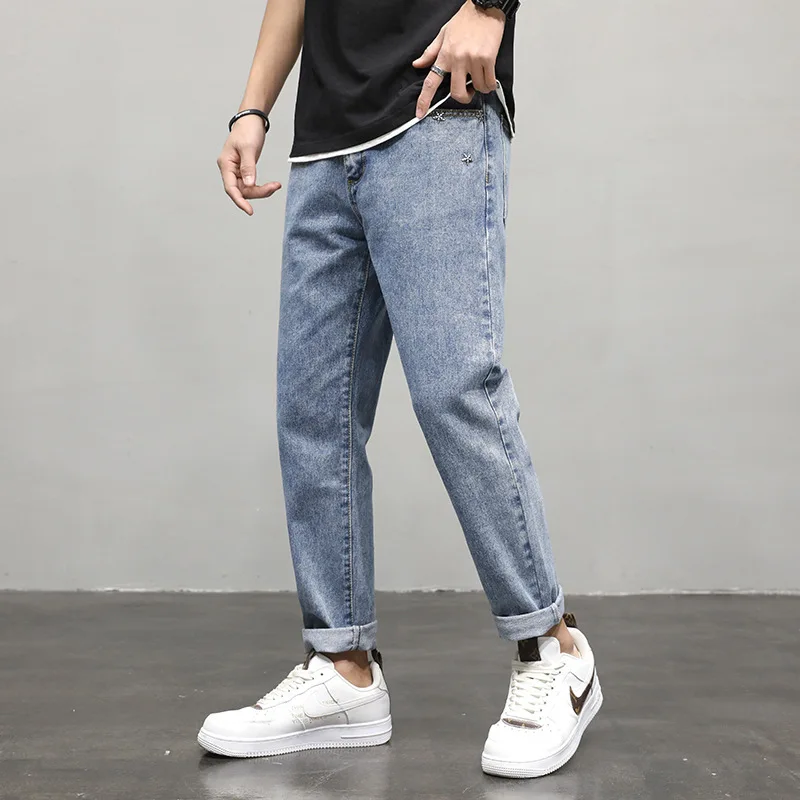 

Korean Style Fashion Men Jeans Light Blue Loose Fit Denim Harem Pants High Quality Vintage Designer Jeans Men Pencil Pants