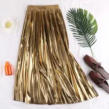 Женская плиссированная эластичная юбка с высокой талией золотого, Серебряного и черного цветов, женские блестящие юбки на весну и осень, DV775