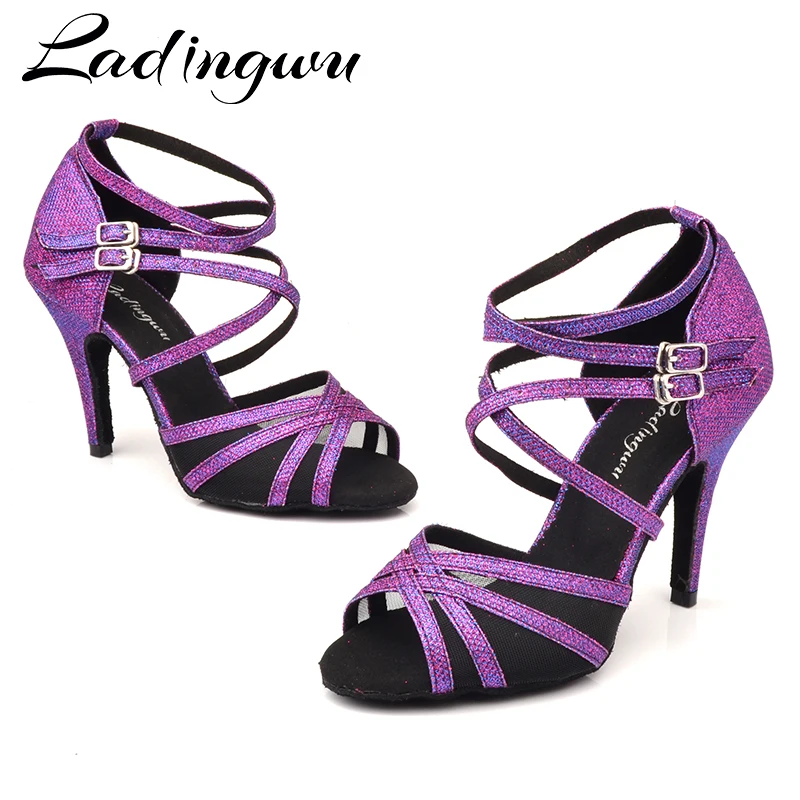 Ladingwu/туфли для латинских танцев фиолетовая ткань для вспышки, размеры США 3,5-12, 10 см, высота каблука, профессиональная танцевальная обувь для сальсы для женщин