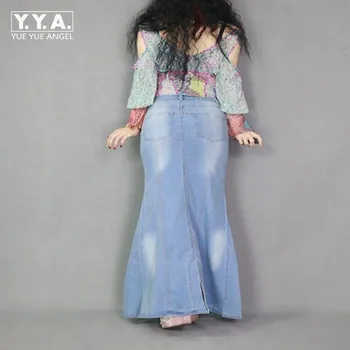 

High Quality New Fashion Womens Cool cowboy Buttocks Skinny Frayed Skirts Stretch Long split skirts Light Blue Free Shipping