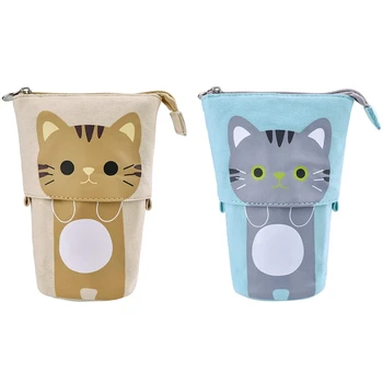 

2Pcs Stand Store Pencil Holder Canvas Cute Telescopic Pencil Organizer Cosmetics Pouch Makeup Bag Stationery Pen Case