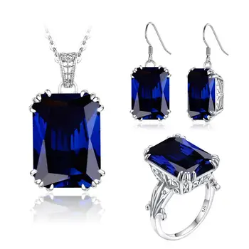 

Szjinao Silver Jewelry Set for Women Genuine 925 Sterling Silver Rectangle Blue Sapphire Pendant Earrings Ring Set Fine Jewelry